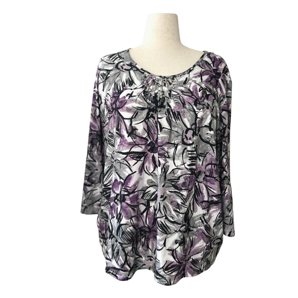Alfred Dunner Purple Floral 3/4 Sleeve XL Embellished Blouse Stretch Popover Top